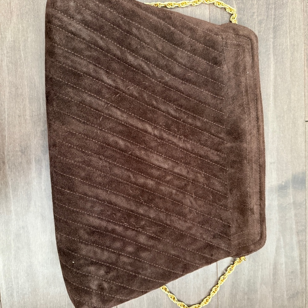 1960 1970 Vintage Brown Suede Pleated Fabric Clutch Handbag Gold Chain Purse - Picture 12 of 12